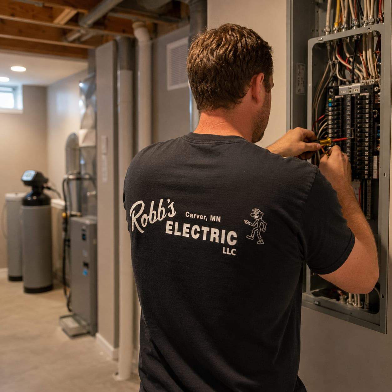 Robb's Electric technician working inside a residential electrical panel in a finished basement utility room